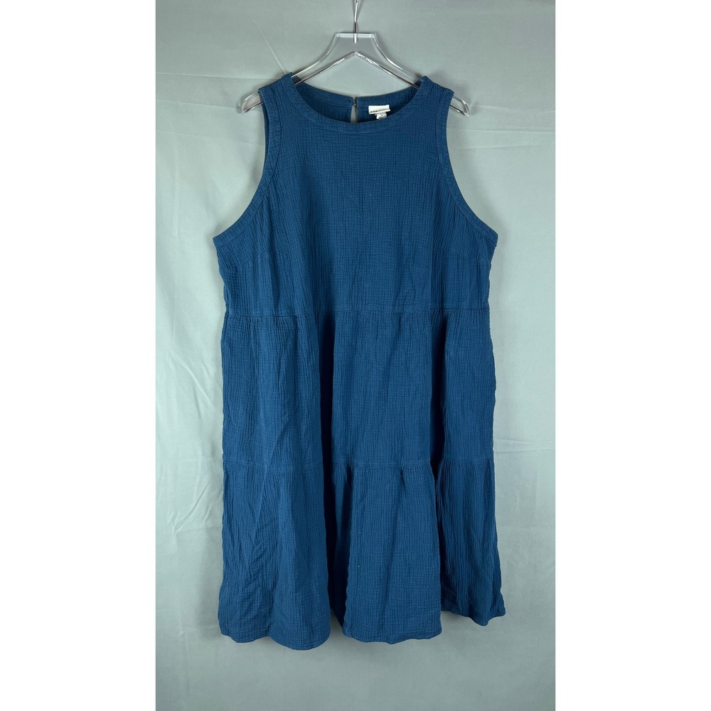 Ava & Viv A Line Midi Dress Womens 3X Blue Cotton Crinkle Tiered Keyhole Back